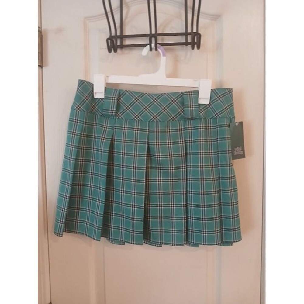 NWT Y2K Style Teal Black & White Plaid Pleated School Girl Skirt M Academia Goth
